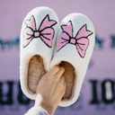  White Cute Bowknot Pattern Fuzzy Winter Home Slippers