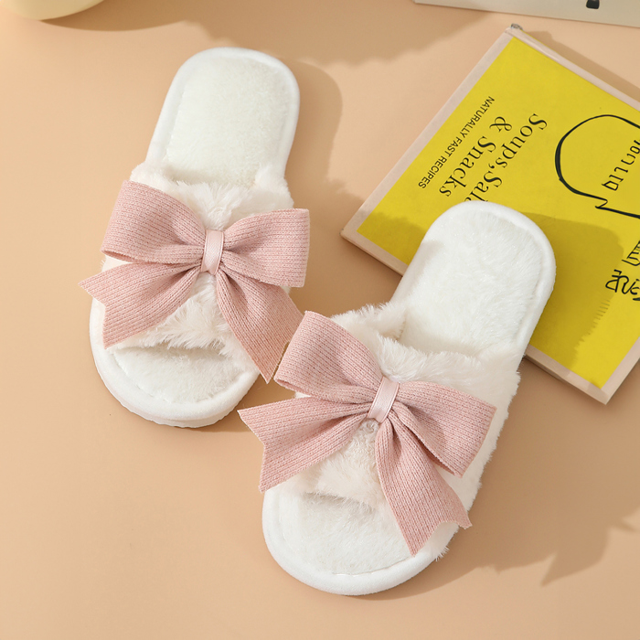 White Bow Knot Decor Open Toe Plush Slippers