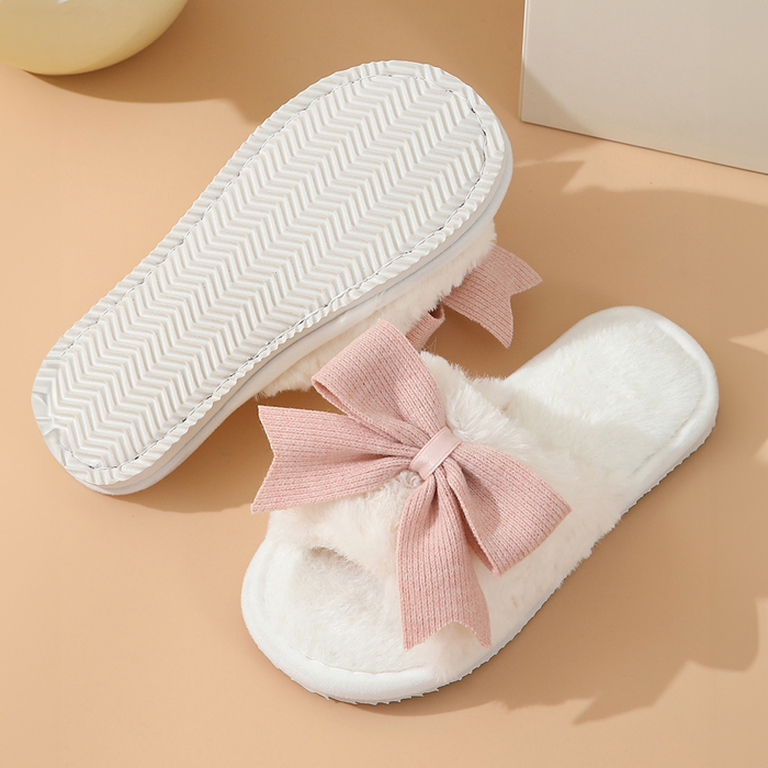 White Bow Knot Decor Open Toe Plush Slippers