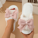  White Bow Knot Decor Open Toe Plush Slippers