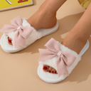  White Bow Knot Decor Open Toe Plush Slippers