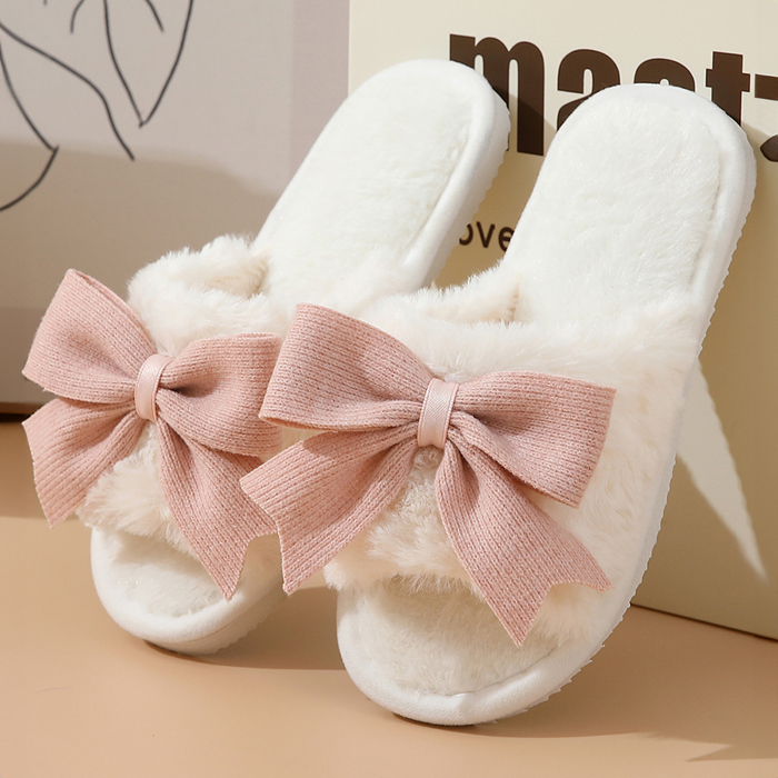 White Bow Knot Decor Open Toe Plush Slippers