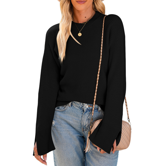 Solid Textured Knit Split Cuff Drop Shoulder Loose Sweater