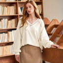  Beige Exposed Seam Textured Knit V Neck Pullover Top