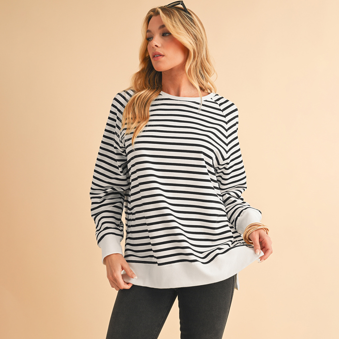 Black Stripe Raglan Sleeve Side Slits Loose Sweatshirt