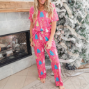  Christmas Tree Print V Neck Tee and Pants Lounge Set