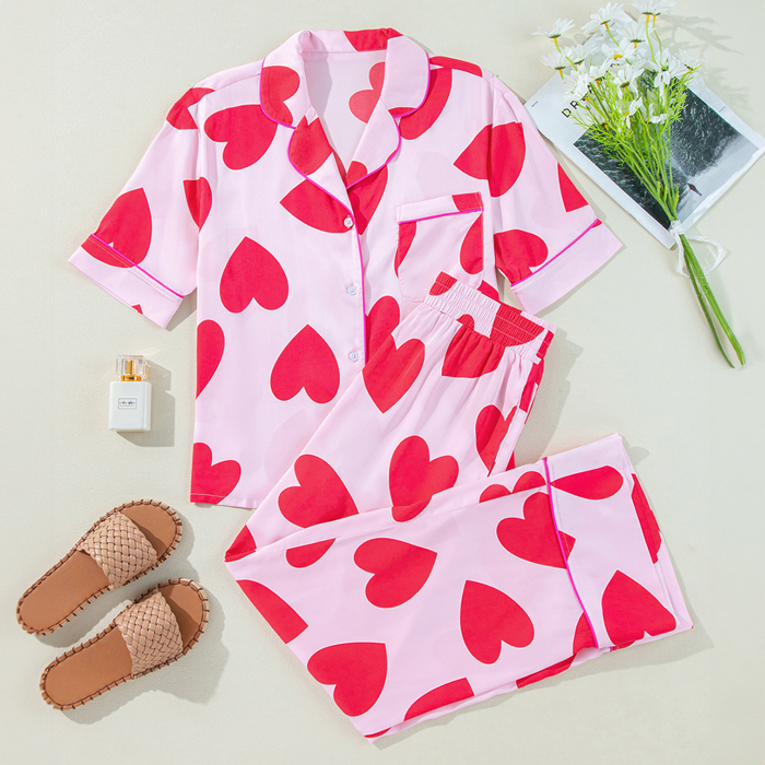 Pink Classic Heart Valentines Short Sleeve Pants Pajamas Set