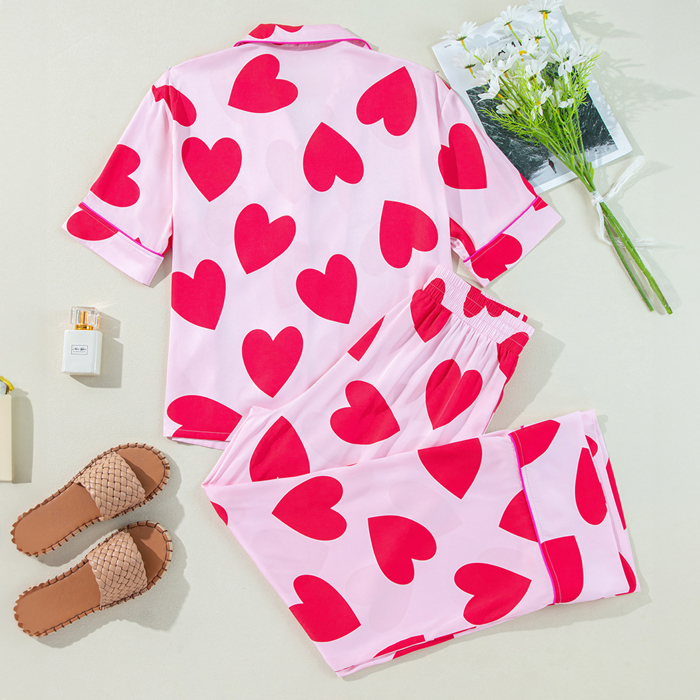 Pink Classic Heart Valentines Short Sleeve Pants Pajamas Set