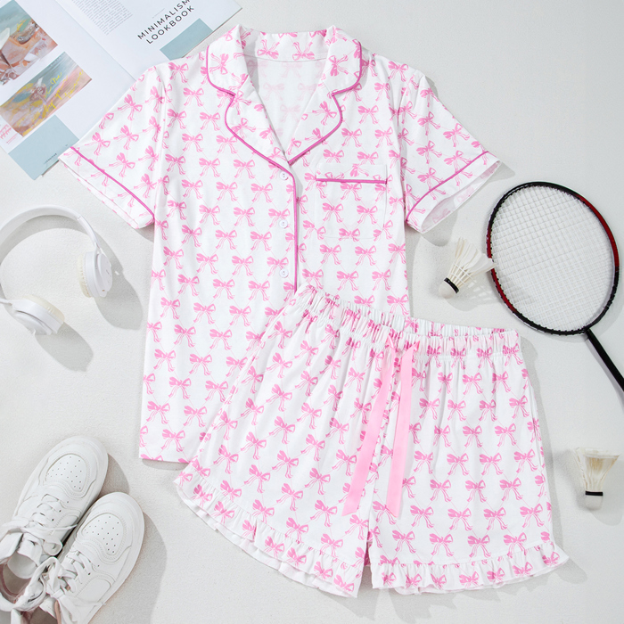 Pink Bowknot Printed Short Sleeve and Ruffled Shorts Pajama Set