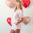  Pink Bowknot Printed Short Sleeve and Ruffled Shorts Pajama Set