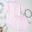  Pink Bowknot Printed Short Sleeve and Ruffled Shorts Pajama Set