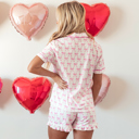  Pink Bowknot Printed Short Sleeve and Ruffled Shorts Pajama Set