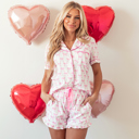  Pink Bowknot Printed Short Sleeve and Ruffled Shorts Pajama Set