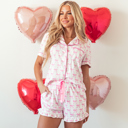  Pink Bowknot Printed Short Sleeve and Ruffled Shorts Pajama Set