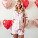  Pink Bowknot Printed Short Sleeve and Ruffled Shorts Pajama Set