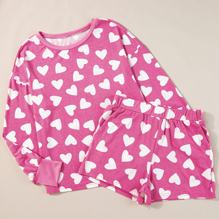 Valentine Heart Shape Print Long Sleeve Top Shorts Lounge Set