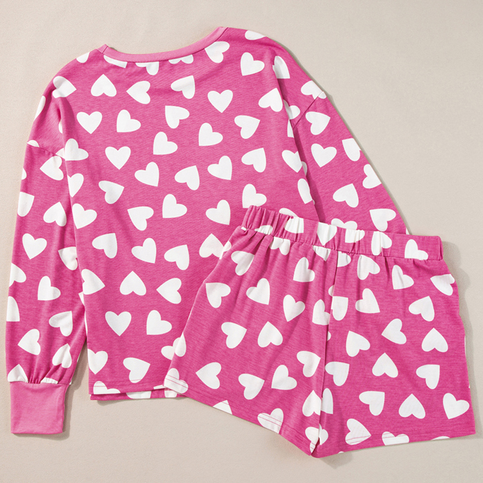 Valentine Heart Shape Print Long Sleeve Top Shorts Lounge Set