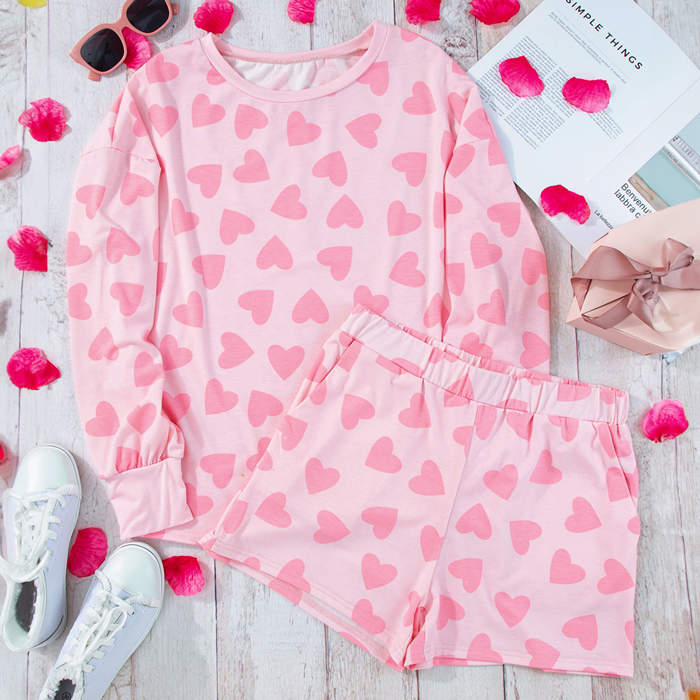 Valentine Heart Shape Print Long Sleeve Top Shorts Lounge Set