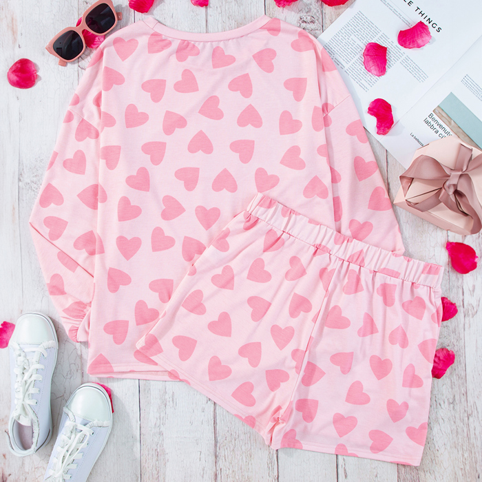 Valentine Heart Shape Print Long Sleeve Top Shorts Lounge Set