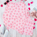  Valentine Heart Shape Print Long Sleeve Top Shorts Lounge Set