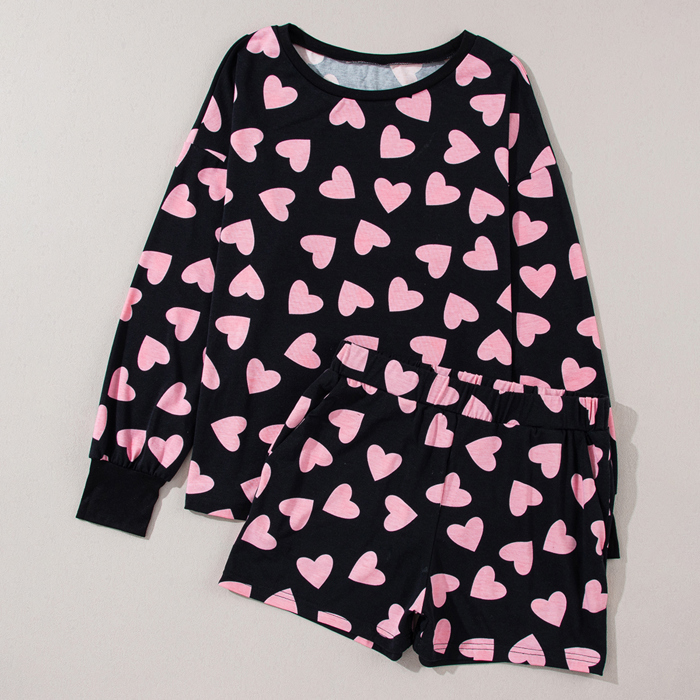 Valentine Heart Shape Print Long Sleeve Top Shorts Lounge Set