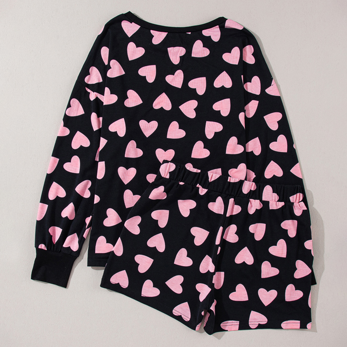 Valentine Heart Shape Print Long Sleeve Top Shorts Lounge Set