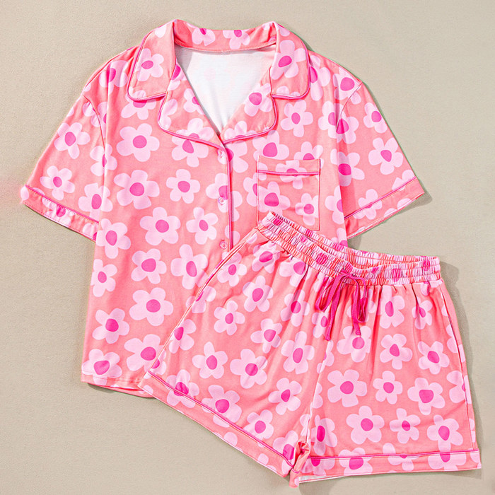 Flower Print Short Sleeve Shirt Pajamas Set