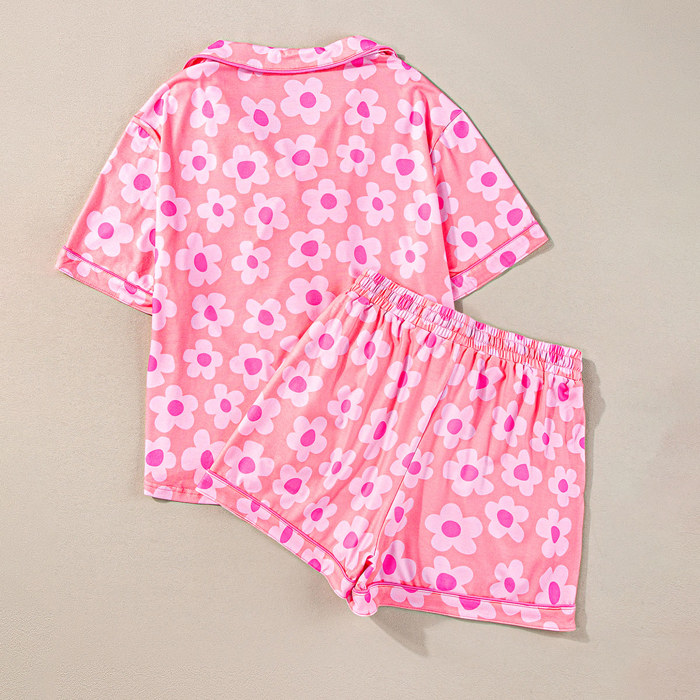 Flower Print Short Sleeve Shirt Pajamas Set