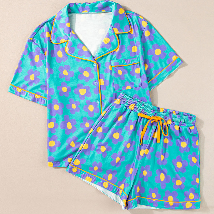 Flower Print Short Sleeve Shirt Pajamas Set