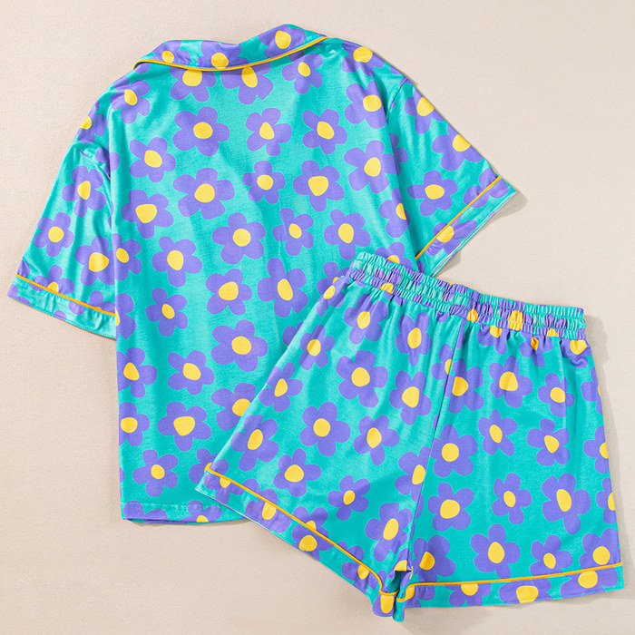 Flower Print Short Sleeve Shirt Pajamas Set