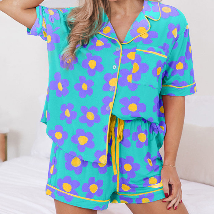 Flower Print Short Sleeve Shirt Pajamas Set