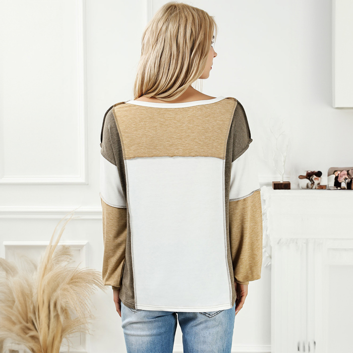 Khaki Exposed Seam Color Block Patchwork Top