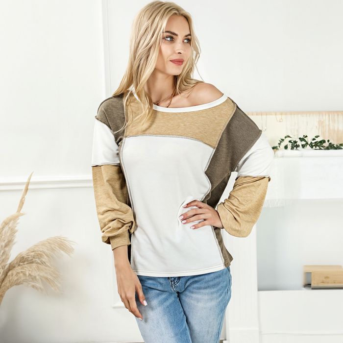 Khaki Exposed Seam Color Block Patchwork Top