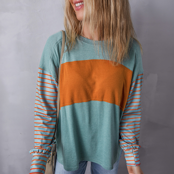 Colorblock Striped Bishop Sleeve Top