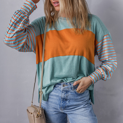 Colorblock Striped Bishop Sleeve Top