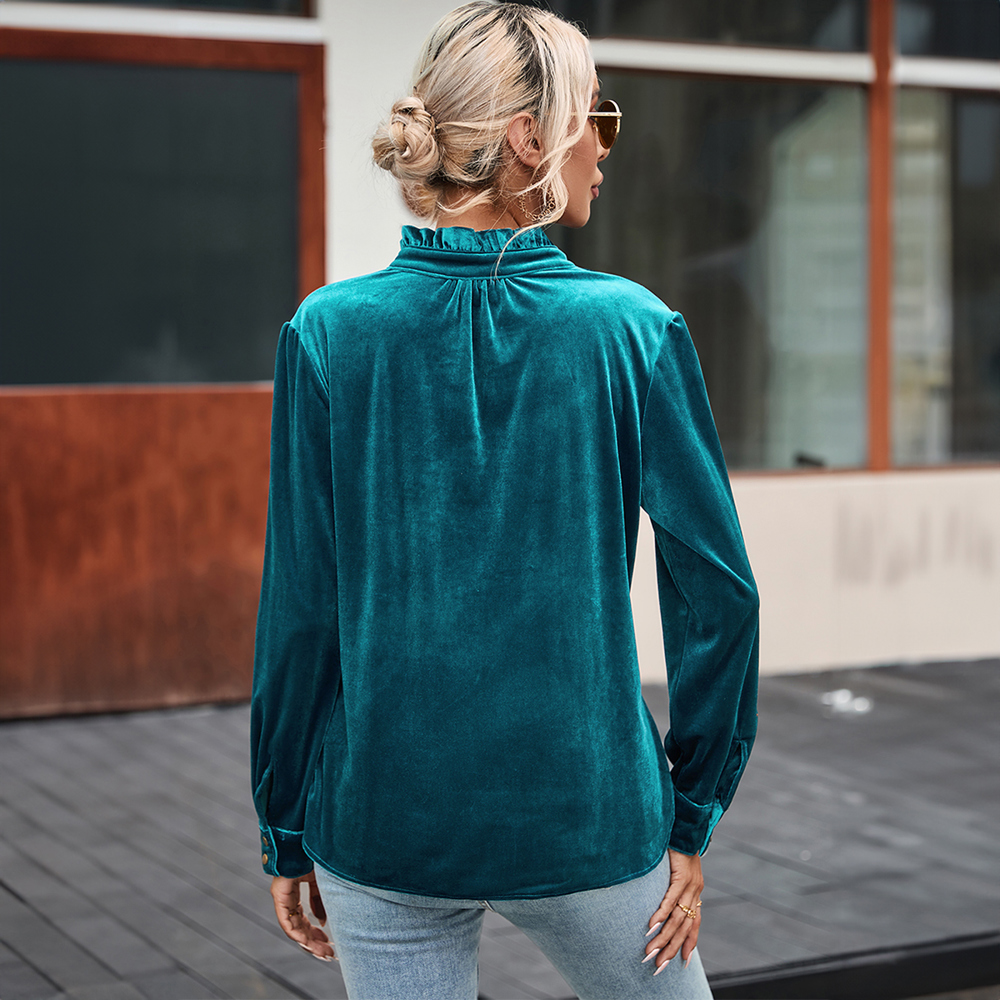 Frilled Neck Buttoned Front Velvet Top