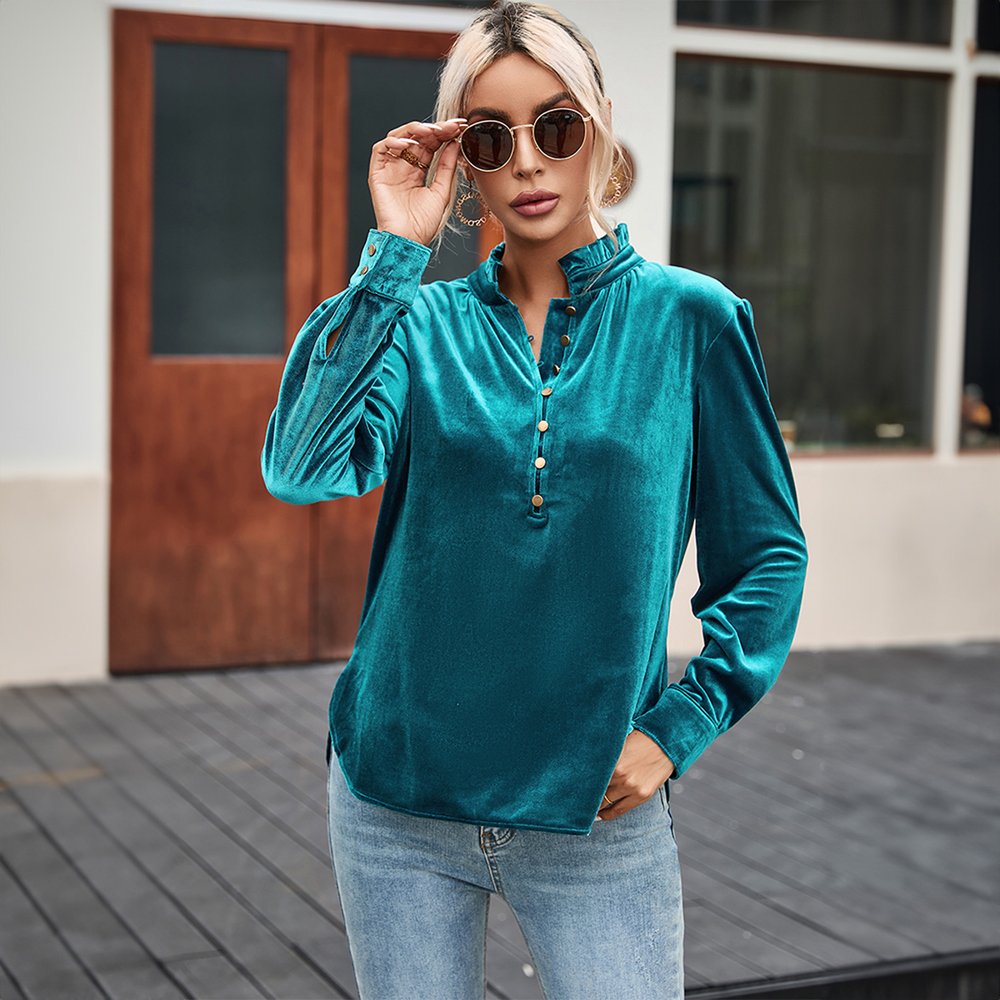 Frilled Neck Buttoned Front Velvet Top