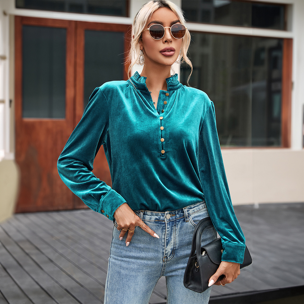 Frilled Neck Buttoned Front Velvet Top