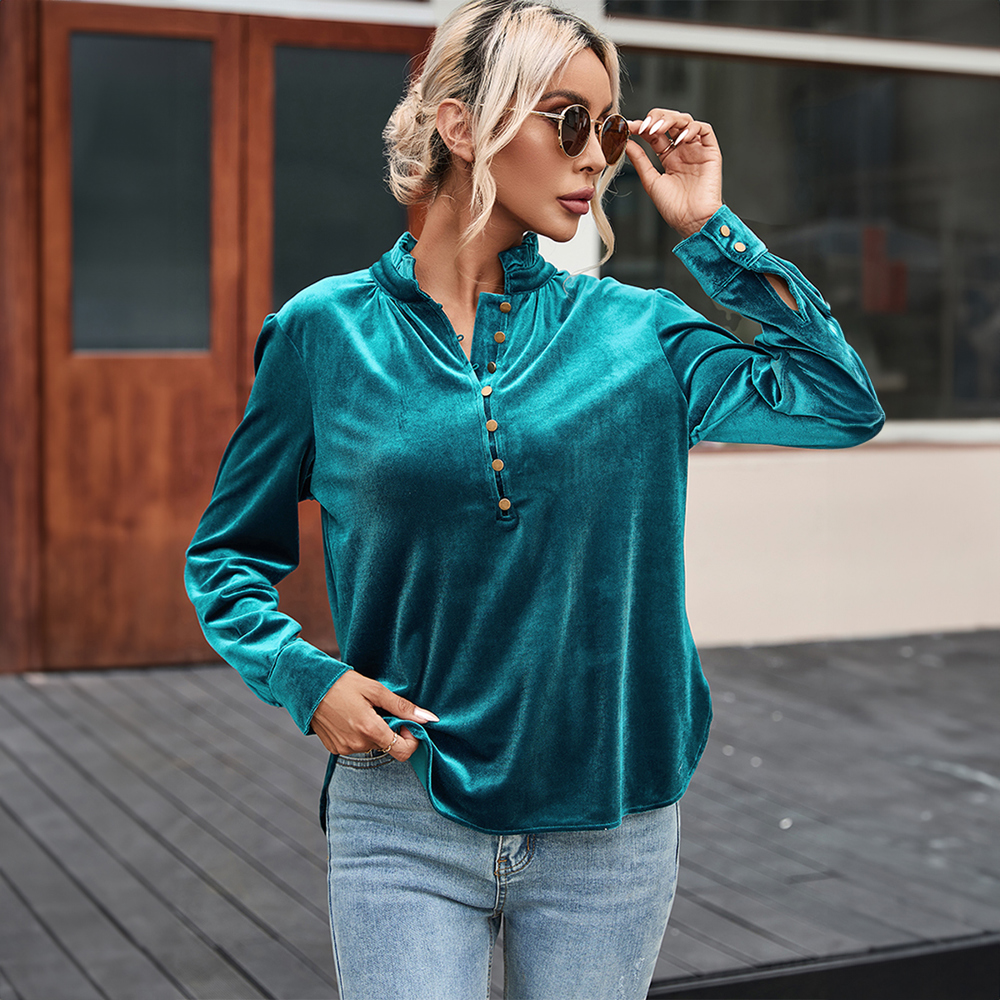 Frilled Neck Buttoned Front Velvet Top