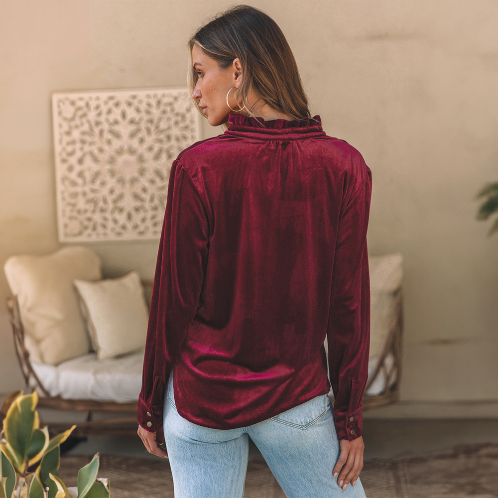 Frilled Neck Buttoned Front Velvet Top