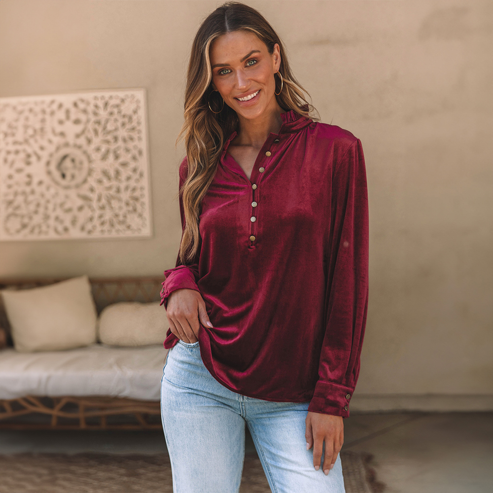 Frilled Neck Buttoned Front Velvet Top