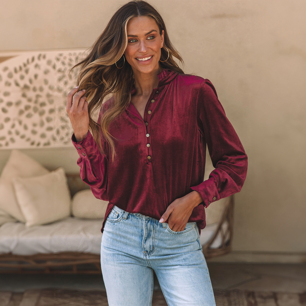 Frilled Neck Buttoned Front Velvet Top