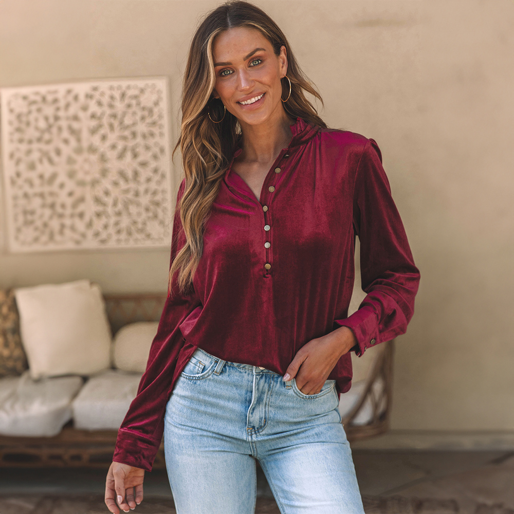 Frilled Neck Buttoned Front Velvet Top