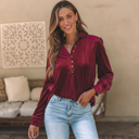  Frilled Neck Buttoned Front Velvet Top