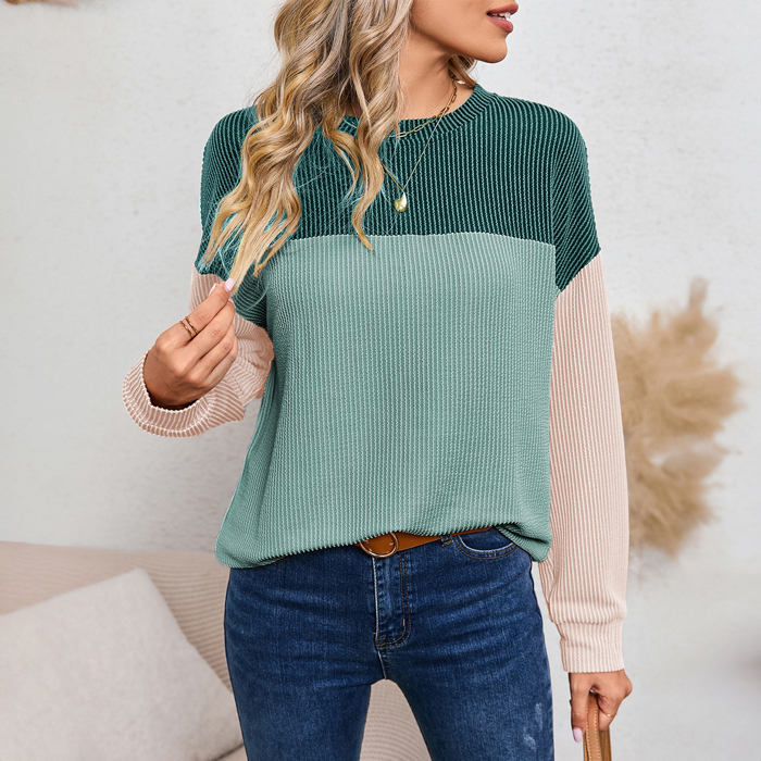 Color Block Long Sleeve Ribbed Loose Top