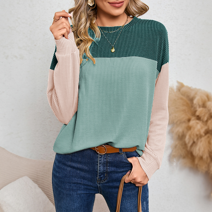 Color Block Long Sleeve Ribbed Loose Top