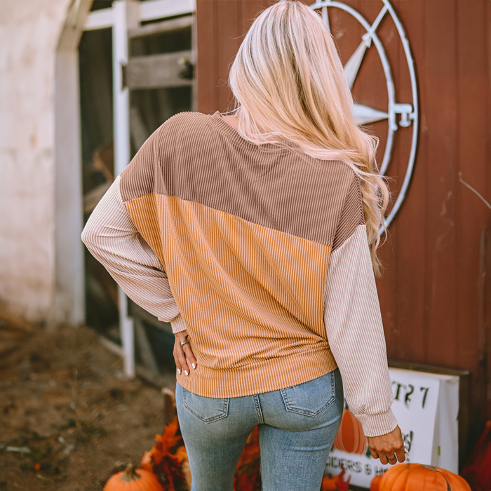 Color Block Long Sleeve Ribbed Loose Top