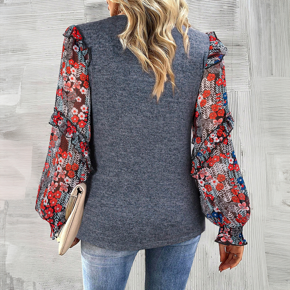 Ruffle Tiered Floral Sleeve Crew Neck Blouse