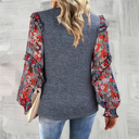  Ruffle Tiered Floral Sleeve Crew Neck Blouse