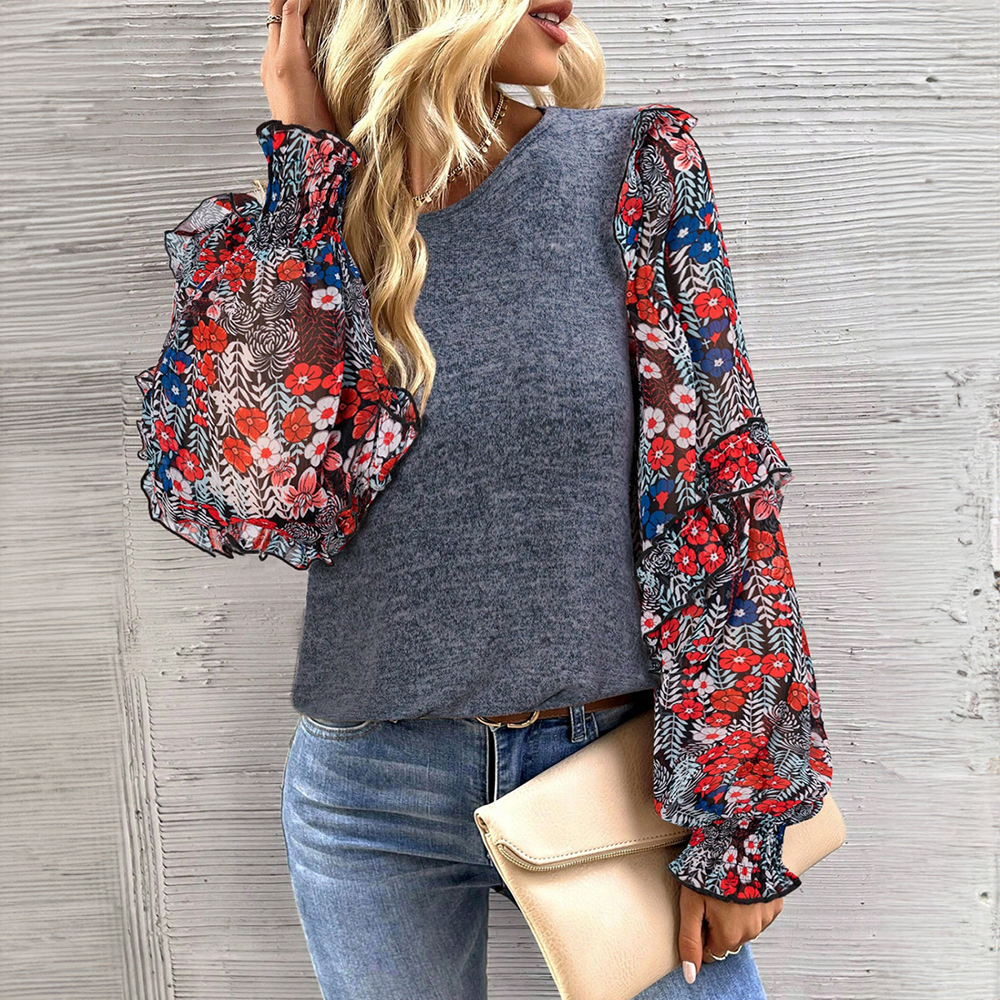 Ruffle Tiered Floral Sleeve Crew Neck Blouse